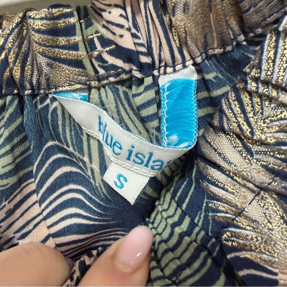 Blue island Tropical Leaf Print Mini Dress Boho Cinched Waist Tassel Tie Small - Picture 6 of 7